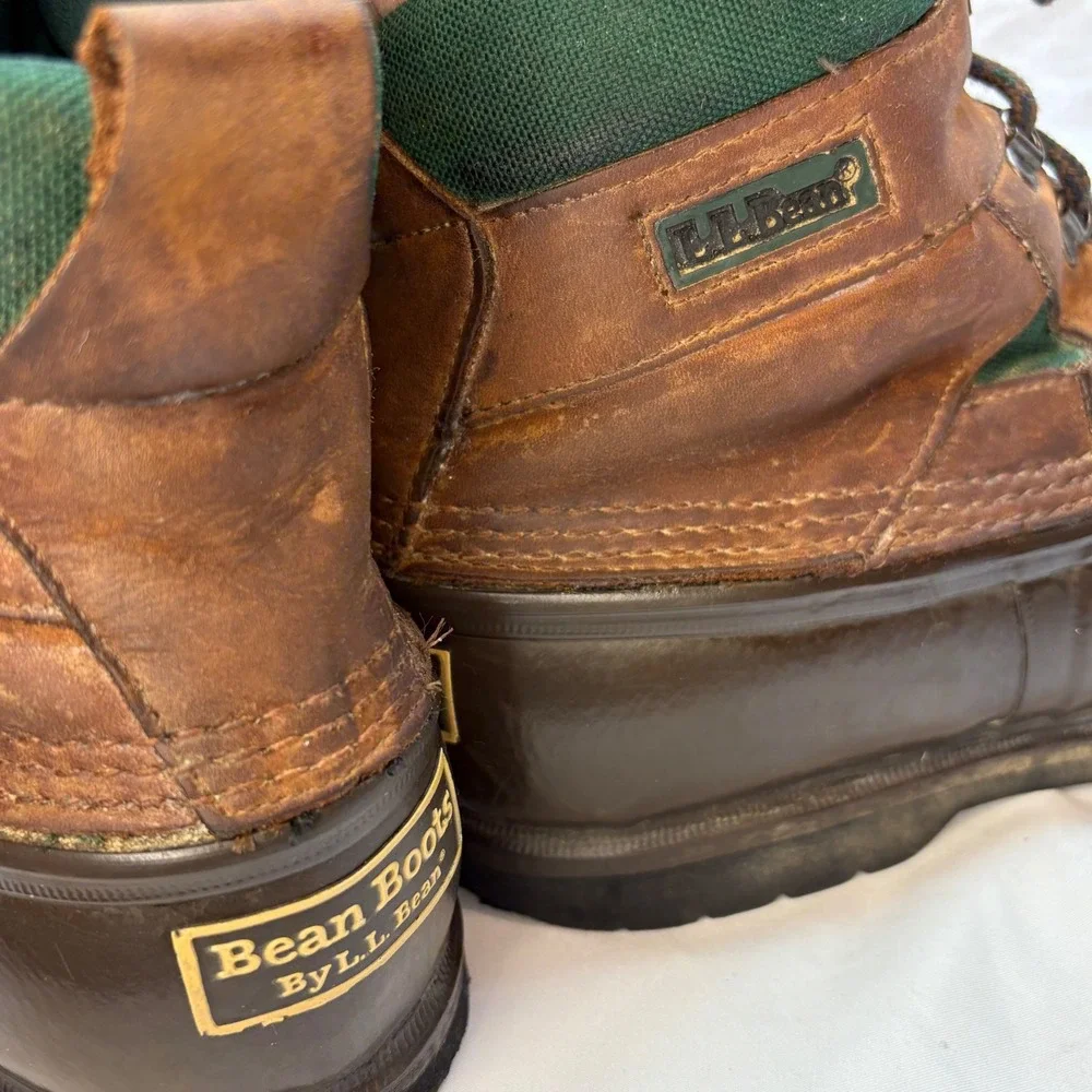 VTG LL Bean Duck Boots Mens 11‎ Leather Green Canvas Waterproof Rain Snow Boot